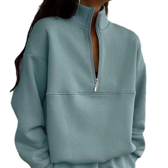 Women's casual stand-up collar half-zip in boxy cut with decorative breast seam Mune Fashion