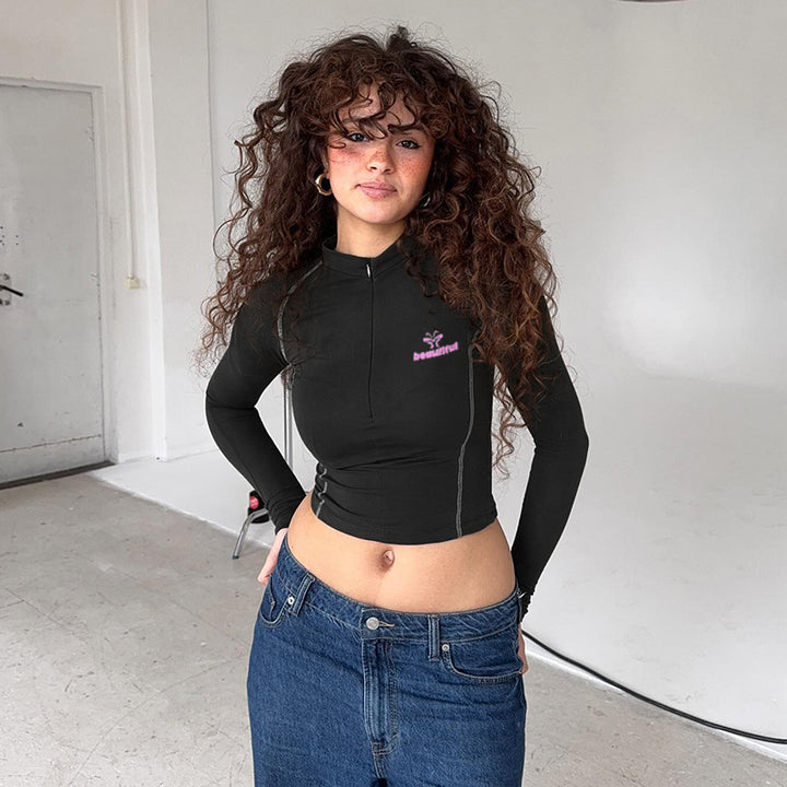 Women's sporty fitted long-sleeve performance shirt with short front zipper Mune Fashion
