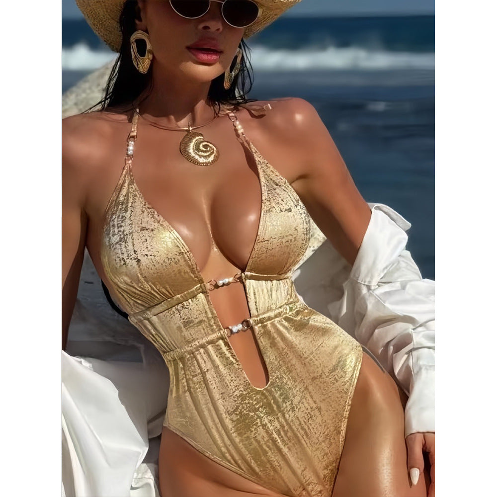 Women's one-piece swimsuit with seductive cut-out and shiny details Mune Fashion
