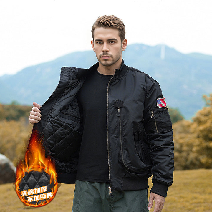 Men's rugged pilot bomber jacket with multifunctional zip and flap pockets as well as arm pocket Mune Fashion