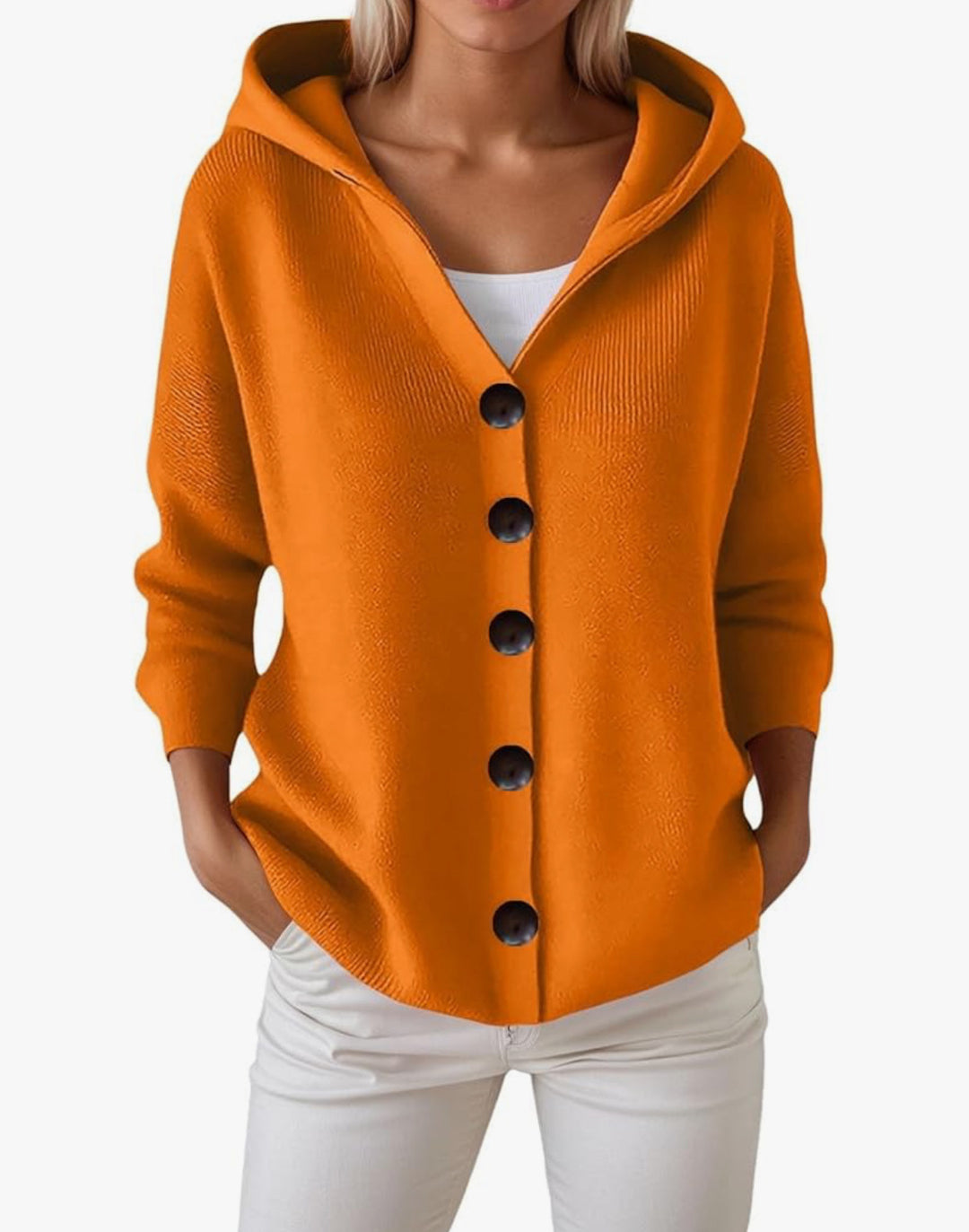 Women's hooded cardigan with large wooden buttons and side pockets Mune Fashion