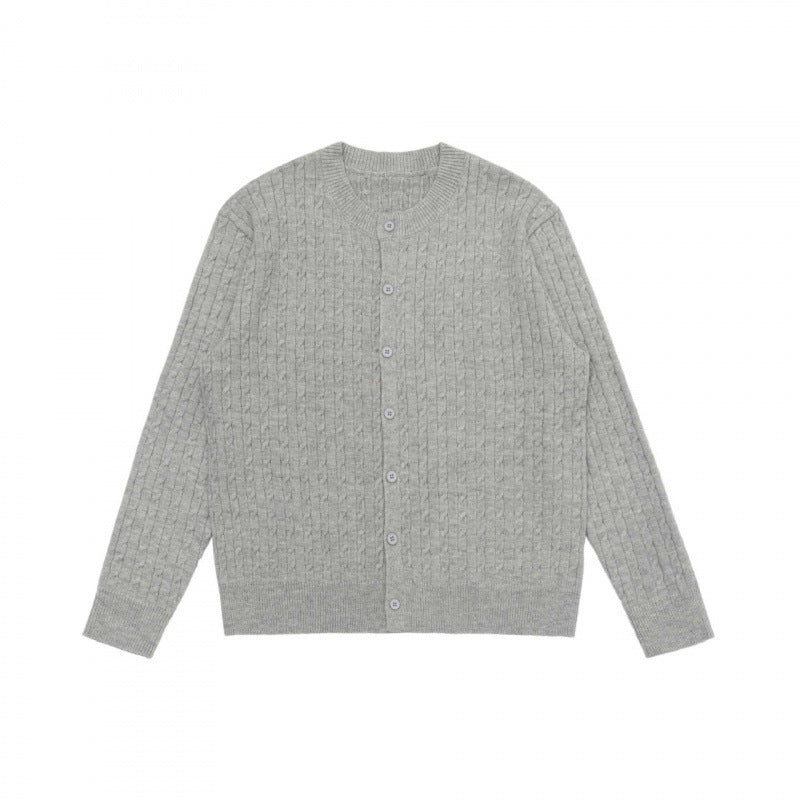 Unisex Short-cut Braid Knit Cardigan with Round Neck and Pearlescent Buttons Mune Fashion