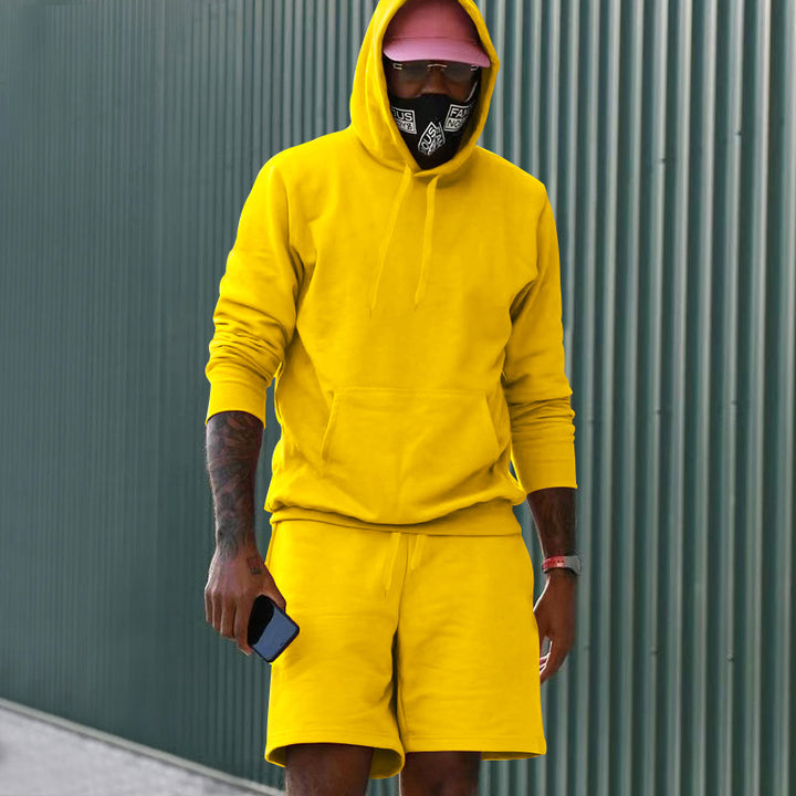 Men's two-piece leisure set hoodie and sweat shorts made of French Terry with kangaroo pocket and drawstring Mune Fashion
