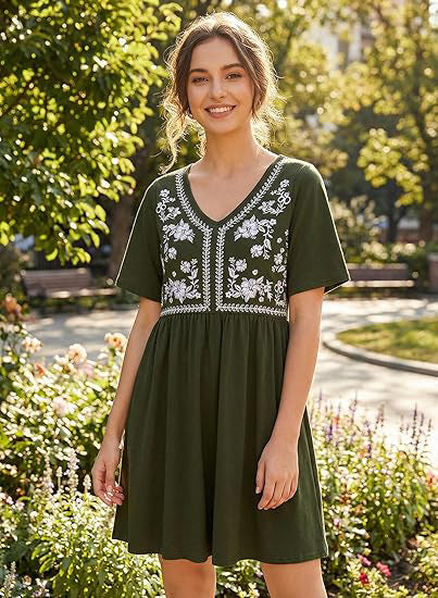 Women's Embroidered Empire Dress with V-Neck, Short Sleeves and Flared Skirt Mune Fashion