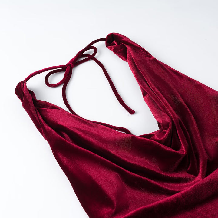 Women's maxi dress made of satin with a waterfall neckline and strap binding at the back Mune Fashion