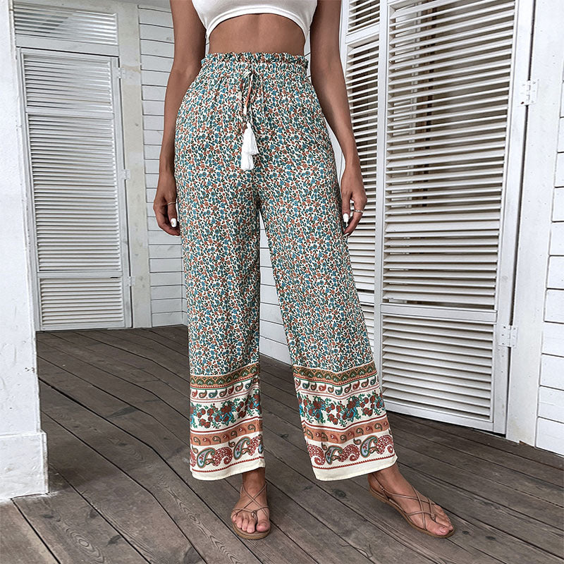 Women's Light Boho Pants with Wide Legs, Elastic Waistband, Tassel Cord, and Border Print Mune Fashion