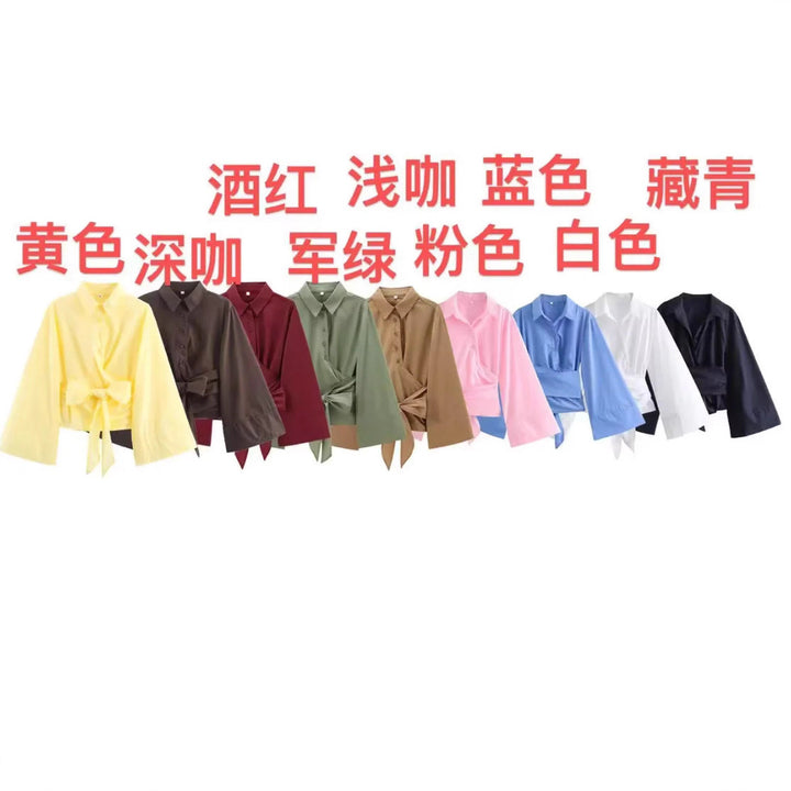 Women 200+ elegant wrap blouse with wide kimono sleeves and waist tie Mune Fashion