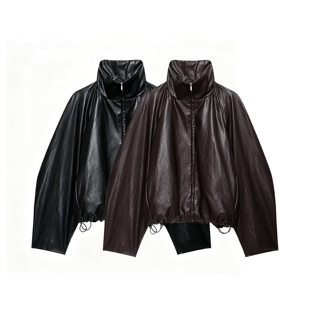 Women's Oversize Jacket in Leather Look with High Funnel Collar, Raglan Sleeves and Drawstring Hem Mune Fashion