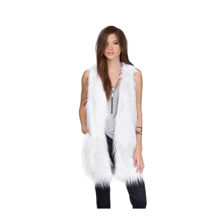 Ladies long sleeveless shaggy faux fur vest with concealing A-line and soft high-pile Mune Fashion