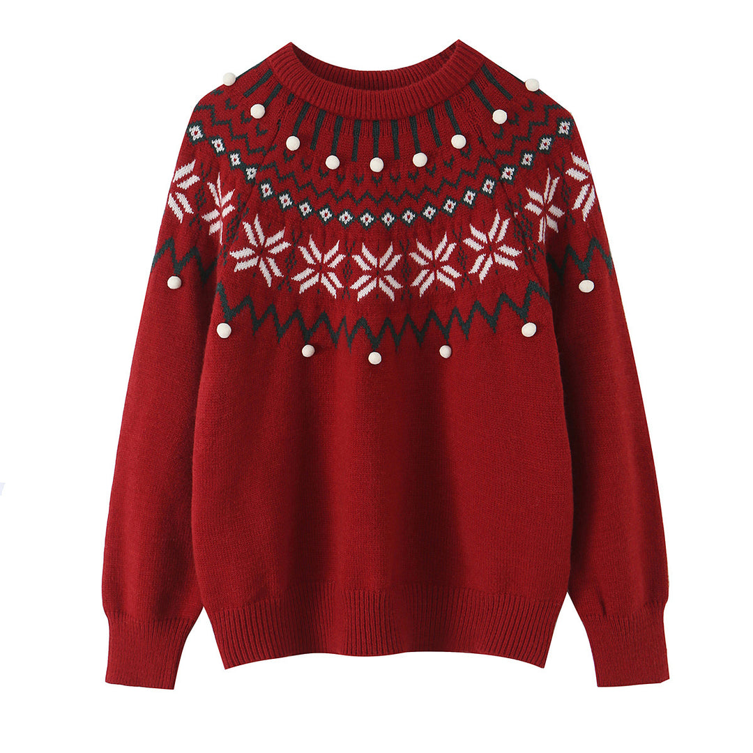 Ladies' Norwegian sweater with round neck, jacquard knitted pattern and decorative pom-pom appliqués Mune Fashion