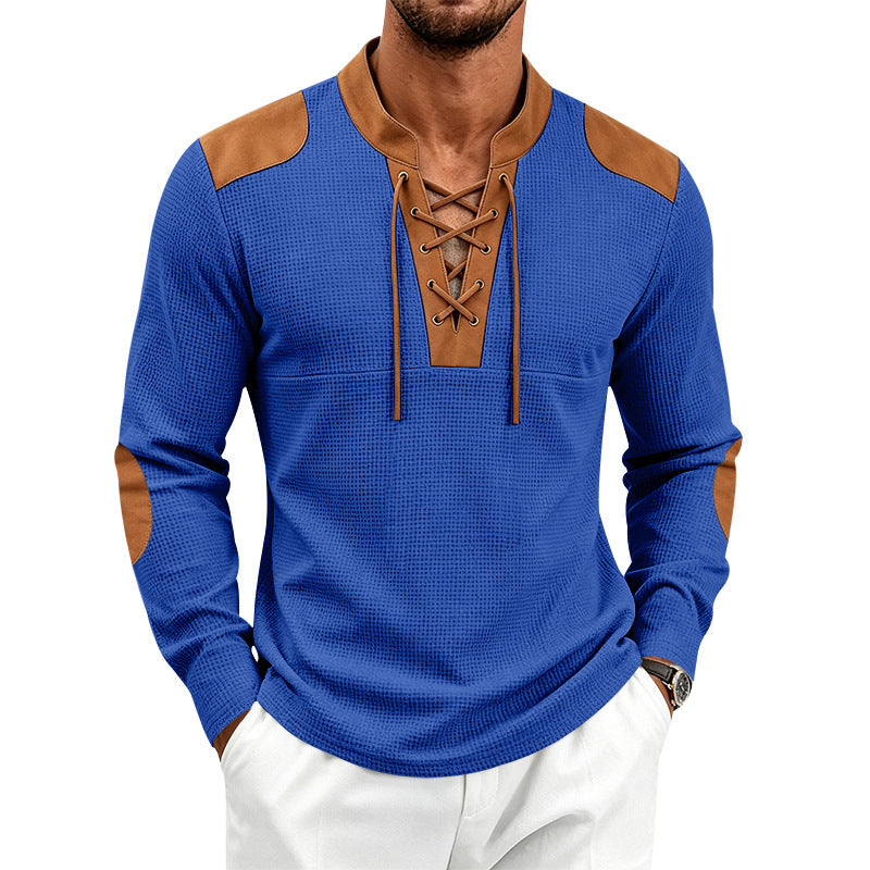 Men's waffle texture henley with lace-up collar and faux leather patches Mune Fashion