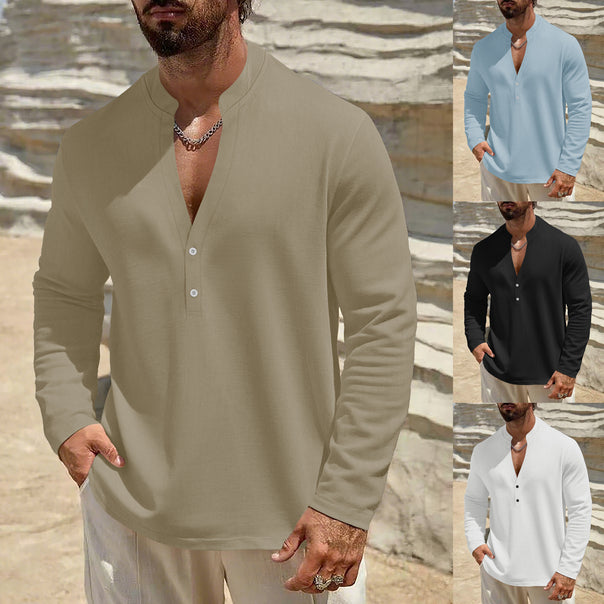 Men's loose-fitting tunic shirt with mandarin collar, two-button Henley placket, and light texture Mune Fashion