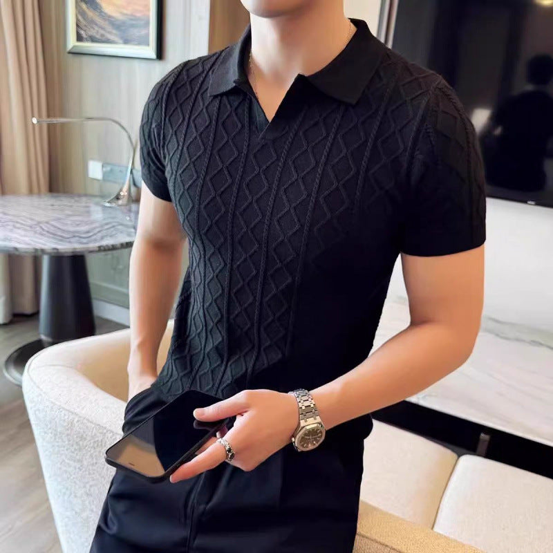 Men's Elegant Knitted Polo Shirt with Decorative Structure Mune Fashion
