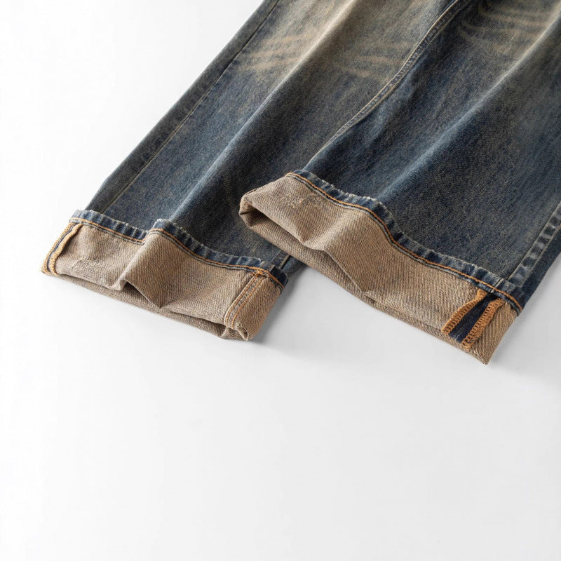 Men's Loose Straight Vintage Denim Jeans with Used Wash Mune Fashion