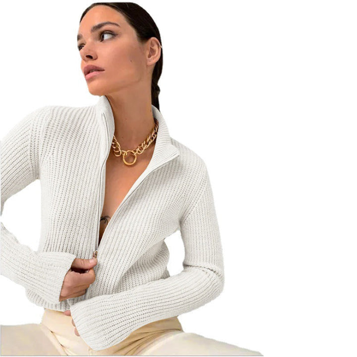 Women's Cardigan with High Collar and Innovative Zipper Mune