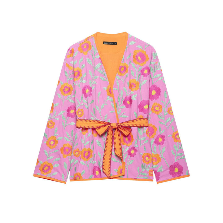 Women's Embroidered Kimono Blouson with Waist Belt and Floral Embroidery Drune