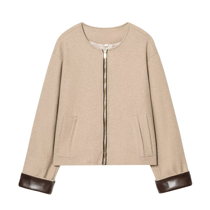 Women's short jacket in boxy-cropped wool blend with visible metal zipper and contrast cuffs Mune Fashion