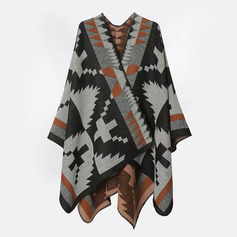 Women's Woven Jacquard Poncho in Oversized Cape with Ethno-Geometric Pattern Mune Fashion
