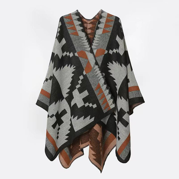 Women's Woven Jacquard Poncho in Oversized Cape with Ethno-Geometric Pattern Mune Fashion