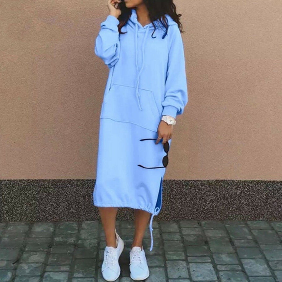 Women's Oversize Hoodie-Midi Dress with Drawstring Hem and Side Slit Details Mune Fashion