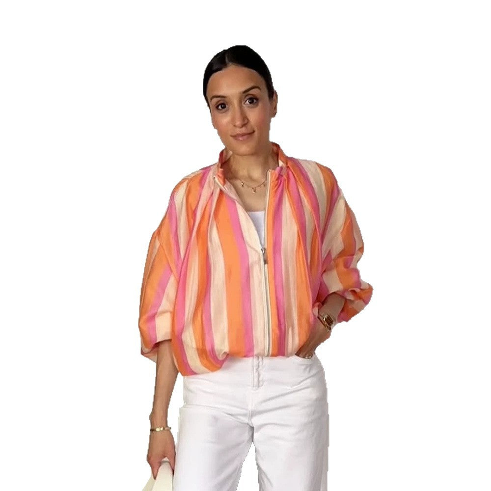 Women's Striped Lightweight Bomber Jacket with Balloon Sleeves and Stand Collar Mune Fashion