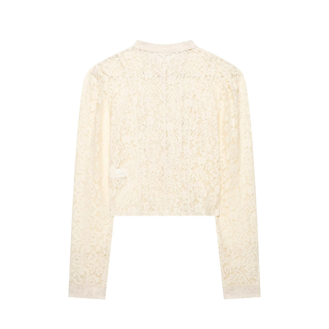 Women's Short Lace Jacket in Military-Inspired Style with Stand-Up Collar and Decorative Buttons Drune
