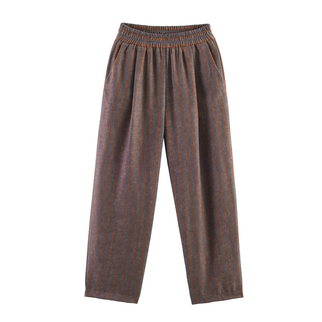 Ladies Two-Piece Linen Set with Tied Belt Jacket and Elastic High-Waist Pants Mune Fashion