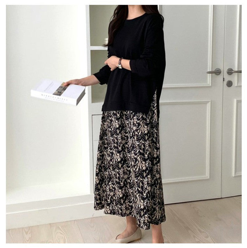 Women's casual layered dress with sweatshirt top and printed midi skirt Mune Fashion