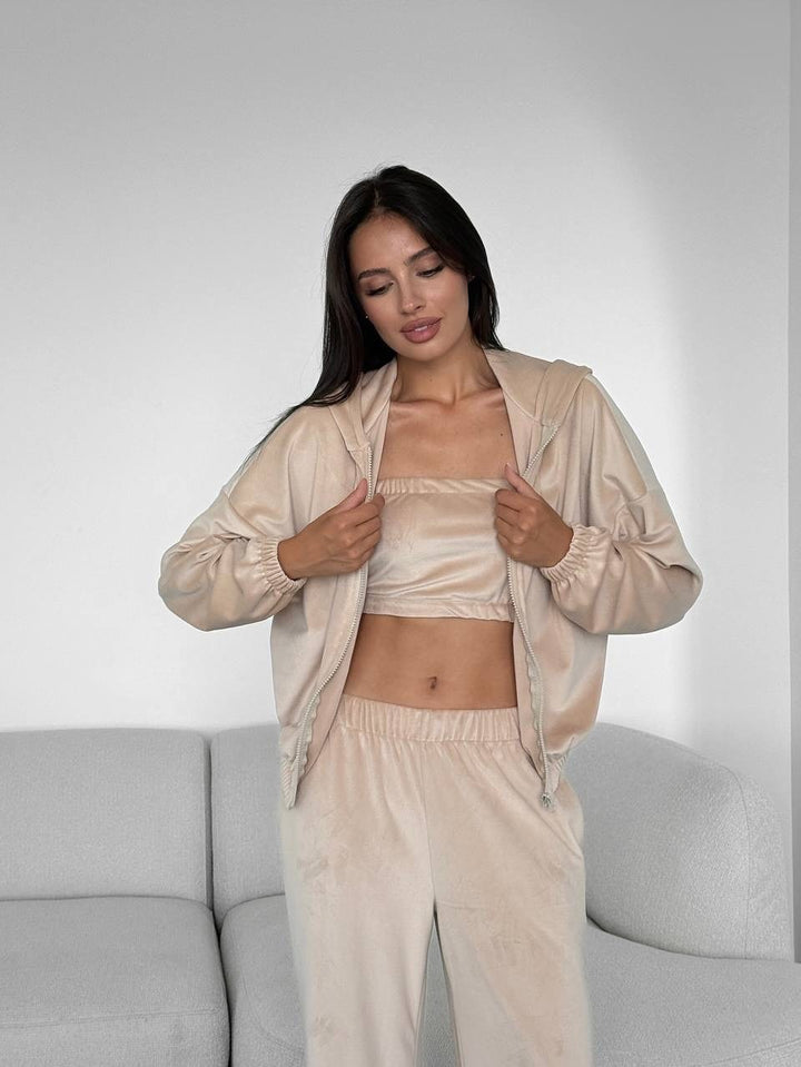 Women Velvet Loungewear Set with Hoodie, Bandeau Top and Jogging Pants Mune Fashion
