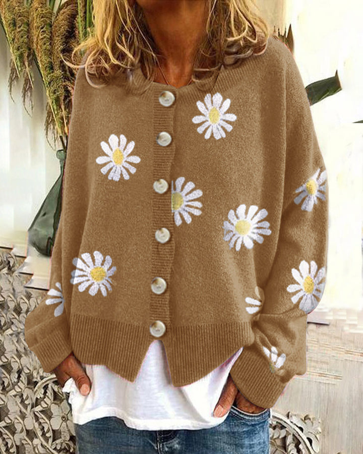 Women's Oversized Knit Cardigan with Button Placket and Daisy Print Mune Fashion