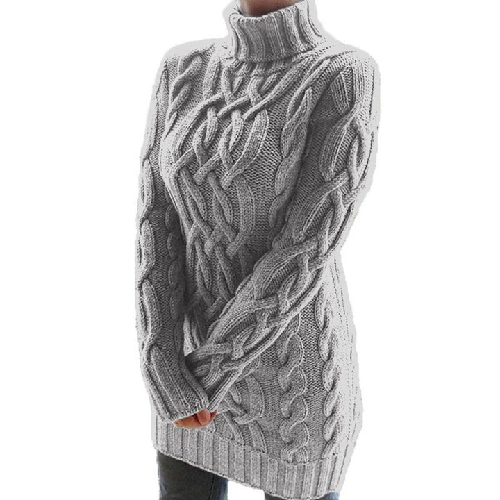 Women Oversized Knit Dress with Distinctive Cable Pattern and Turtleneck Mune Fashion