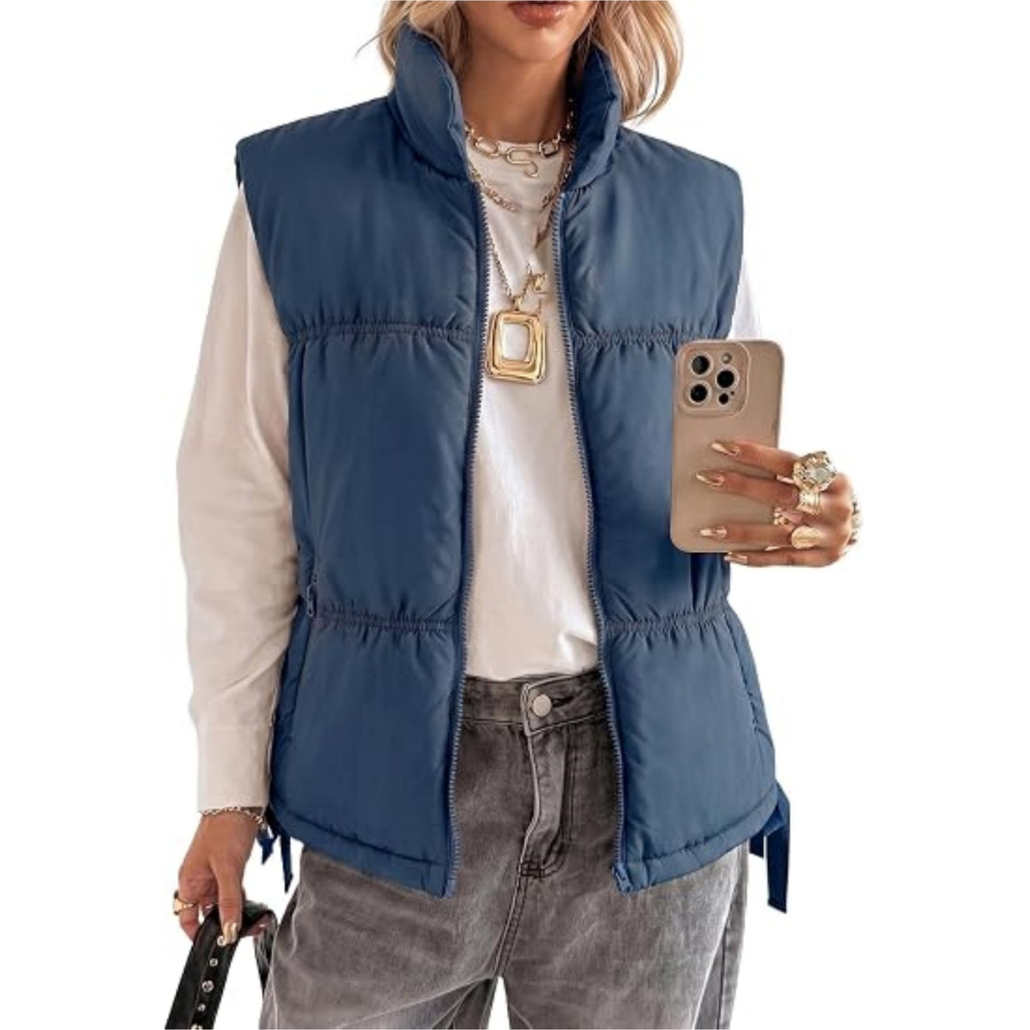 Women’s Padded Sleeveless Vest with Stand-Up Collar and Drawstring Mune Fashion