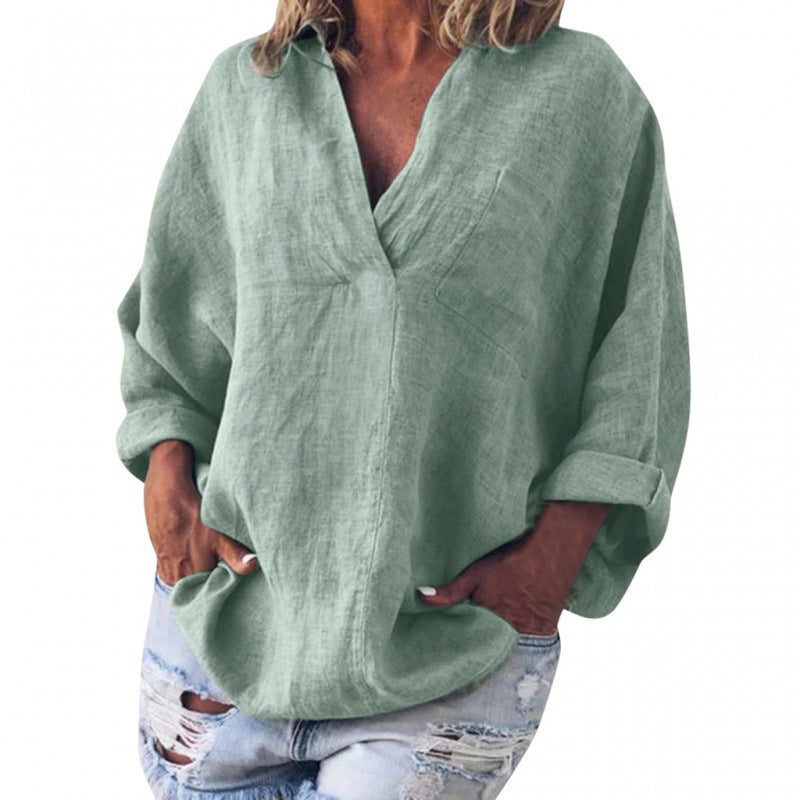 Women's Loose Linen Tunic with V-Neck and Roll-Up Sleeves Mune Fashion
