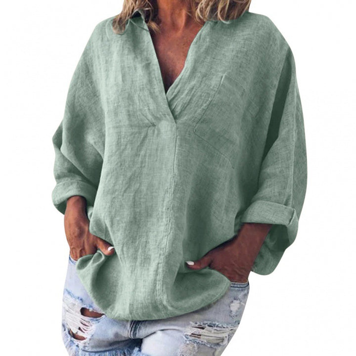 Women's Loose Linen Tunic with V-Neck and Roll-Up Sleeves Mune Fashion