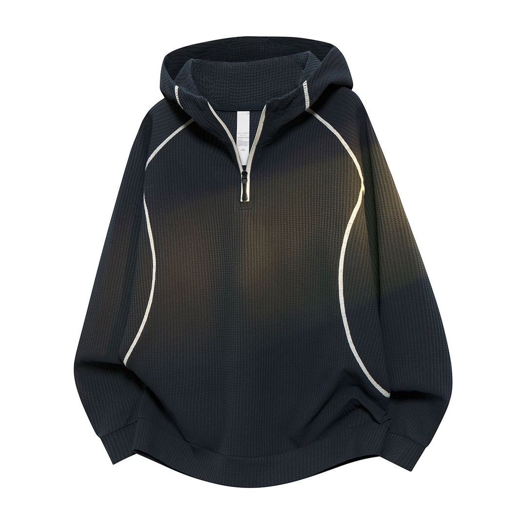 Unisex Oversize Waffle Texture Half-Zip Hoodie with Raglan Sleeves and Contrast Piping Drune