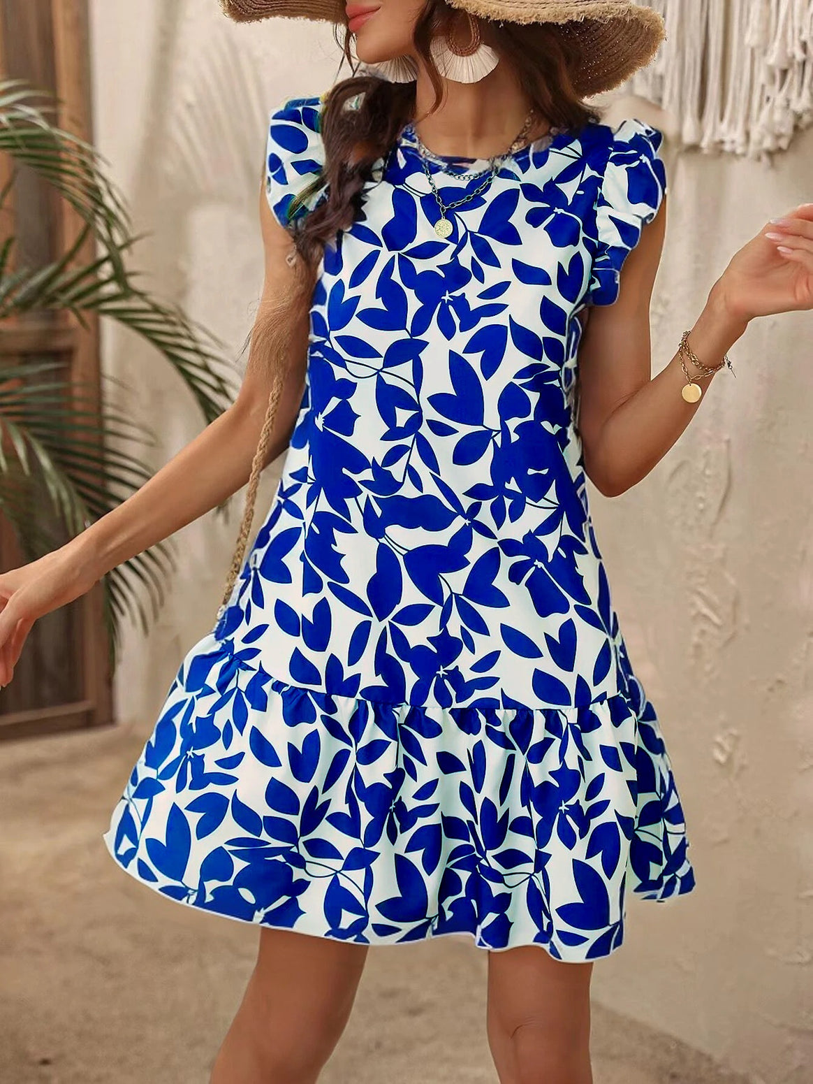 Women’s Light Tiered Short Dress with Ruffled Sleeves and Botanical Print Mune Fashion
