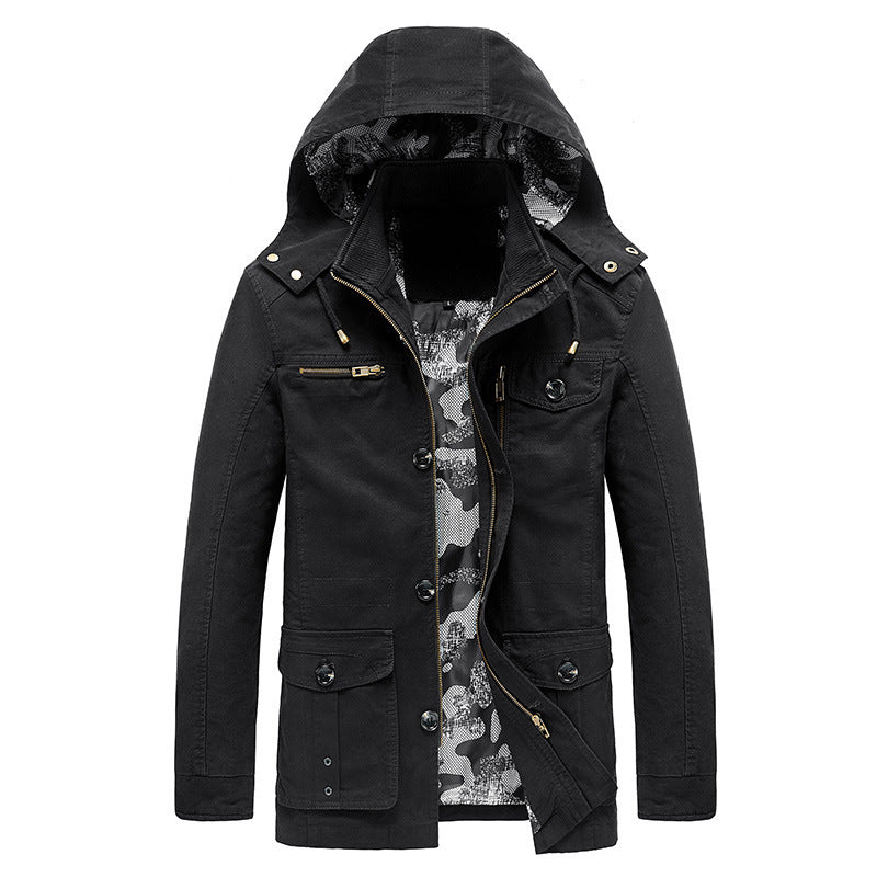 Men's Hooded Canvas Field Jacket with Camouflage Lining, Multifunctional Pockets and Zipper Button Placket Mune Fashion