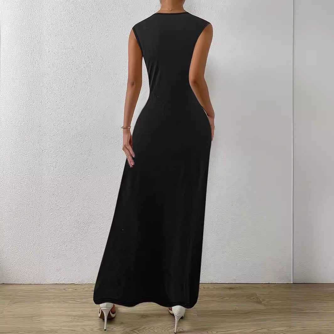 Women Elegant Maxi Dress with Gatherings and Round Neckline Mune Fashion