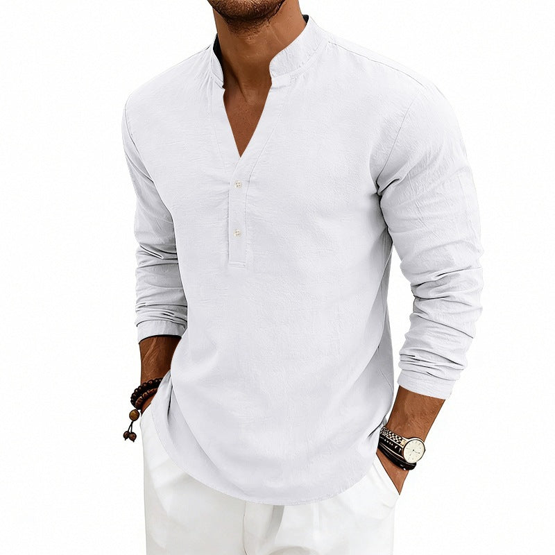 Men's Casual Long Sleeve Shirt Made of Linen with Stand-Up Collar and Short Button Placket Mune Fashion