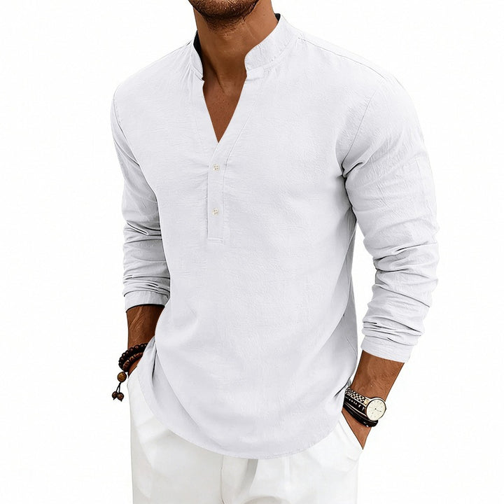 Men's Casual Long Sleeve Shirt Made of Linen with Stand-Up Collar and Short Button Placket Mune Fashion
