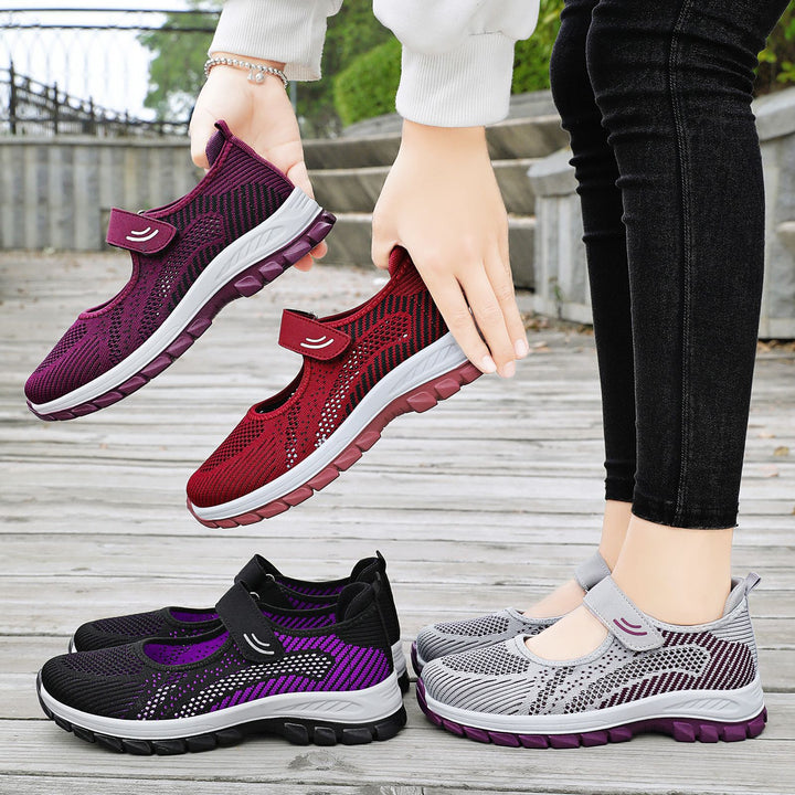 Women's breathable knitted Mary Jane walking sneakers with Velcro and cushioning lightweight sole Mune Fashion