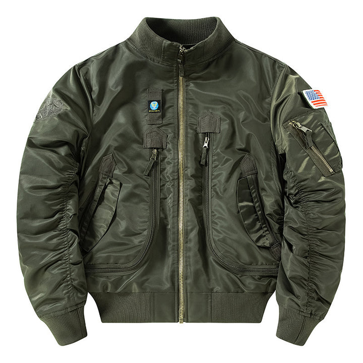 Men's rugged pilot bomber jacket with multifunctional zip and flap pockets as well as arm pocket Mune Fashion