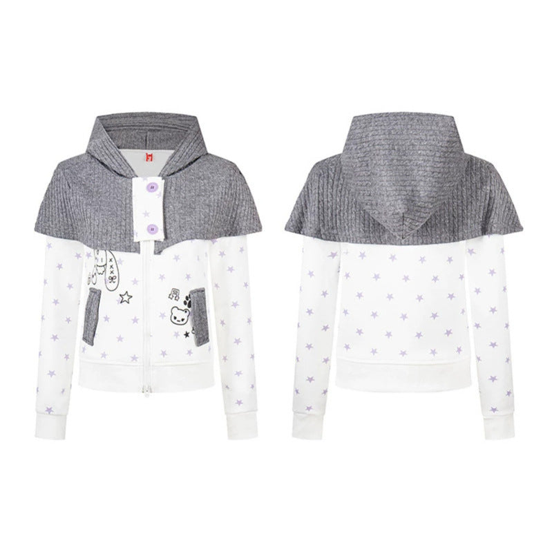 Women's hooded sweatshirt jacket with removable knitted cape, star print and front zipper Mune Fashion