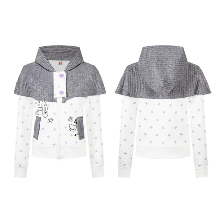 Women's hooded sweatshirt jacket with removable knitted cape, star print and front zipper Mune Fashion