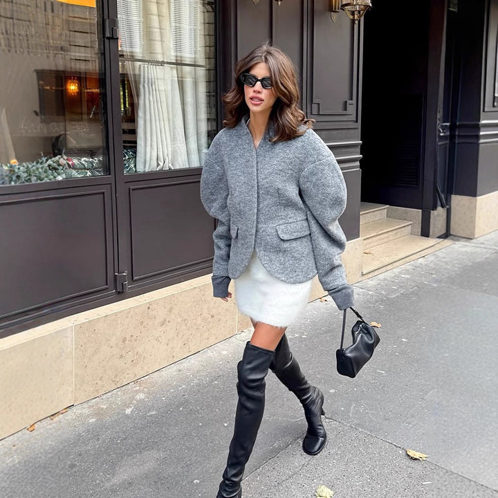 Women's Oversized Wool Blend Jacket with Balloon Sleeves and Curved Hem