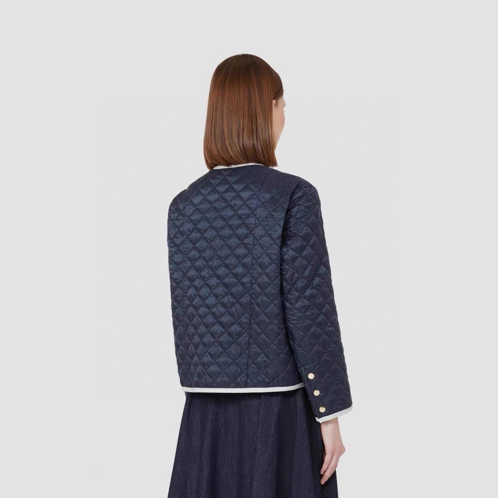 Women Lightly Quilted Short Jacket without Collar with Contrast Piping and Full-Length Zipper Mune Fashion