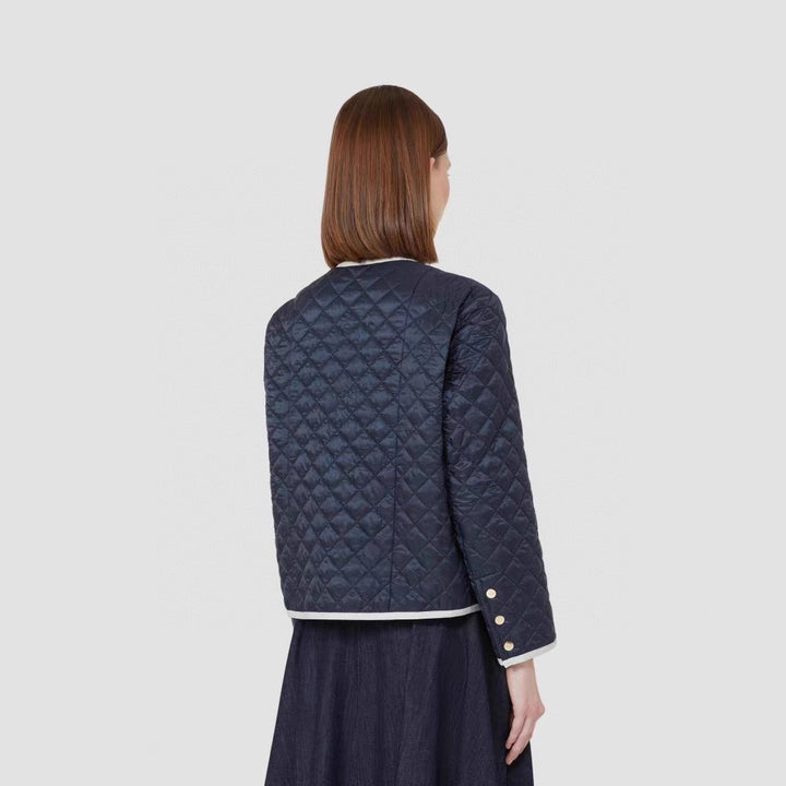 Women Lightly Quilted Short Jacket without Collar with Contrast Piping and Full-Length Zipper Mune Fashion