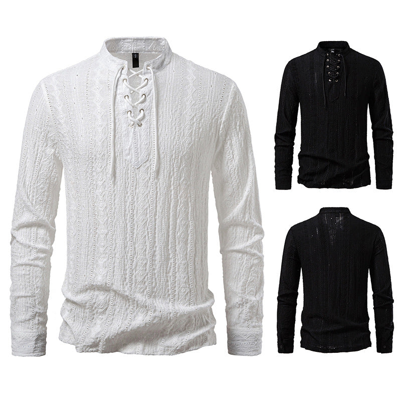 Men's Fine Structure Henley Long Sleeve Shirt with Lacing and Stand-up Collar Mune Fashion