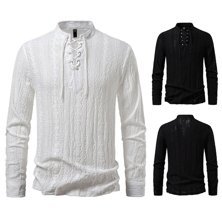 Men's Fine Structure Henley Long Sleeve Shirt with Lacing and Stand-up Collar Mune Fashion