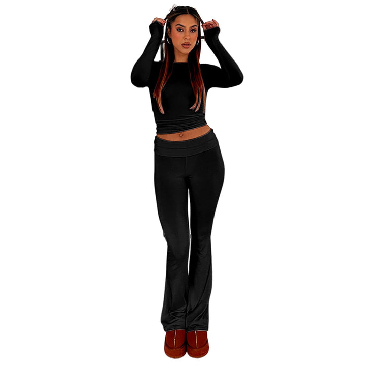 Women’s Stretch Lounge Set with cropped long sleeve top and flared high-waisted pants Mune Fashion